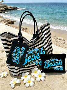Beach Letter Print Black & White Striped Tote Bag 2pcs Set, Large Capacity Canvas Handbag + Matching Cosmetic Pouch, Waterproof & Stain-Resistant, Fits Swimsuit & Towel, Suitable For Daily Commute, Shopping, Students, Office Workers, Outdoor Picnic, Pool & Beach Vacation, Practical High-Value Summer Gift For Girlfriend & Bestie, Can Be Used As Beach Bag, Handbag, Pool Bag And Travel Organizer - Multicolor - View 16