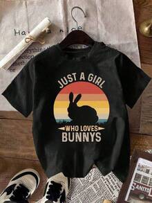 Camiseta de manga corta para mujer, diseño moderno con cuello redondo y estampado de conejito de dibujos animados con letras en inglés, perfecta para uso diario casual y cómodo - Negro - Ver 1