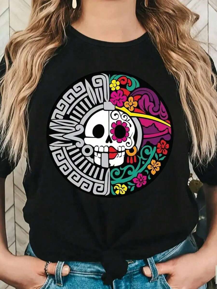 TrendyCamiseta de Mujer con Estampado Floral y Calavera - Diseño Vibrante del Día de los Muertos, Cómoda con Cuello Redondo y Manga Corta, Mezcla Ligera de Poliéster, Perfecta para Celebraci - Negro - Ver 1