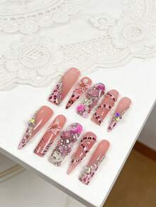 10pcs French Tip Zebra Stripe Chain Full Coverage Rhinestone 3D Red Lips Heart Acrylic Nails For Hands, Vacation, Vacation Outfits, Graduation, Press On Nails Suitable For Girls, Holiday, Wedding, Party - Hot Pink - View 3