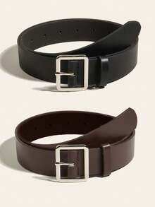 2pcs/Set Ladies' Brown & Black Leather Waist Belt With Silver Tone Square Buckle, Simple Style For Daily Wear Casual Fall, Autumn, Halloween - Multicolor - View 9