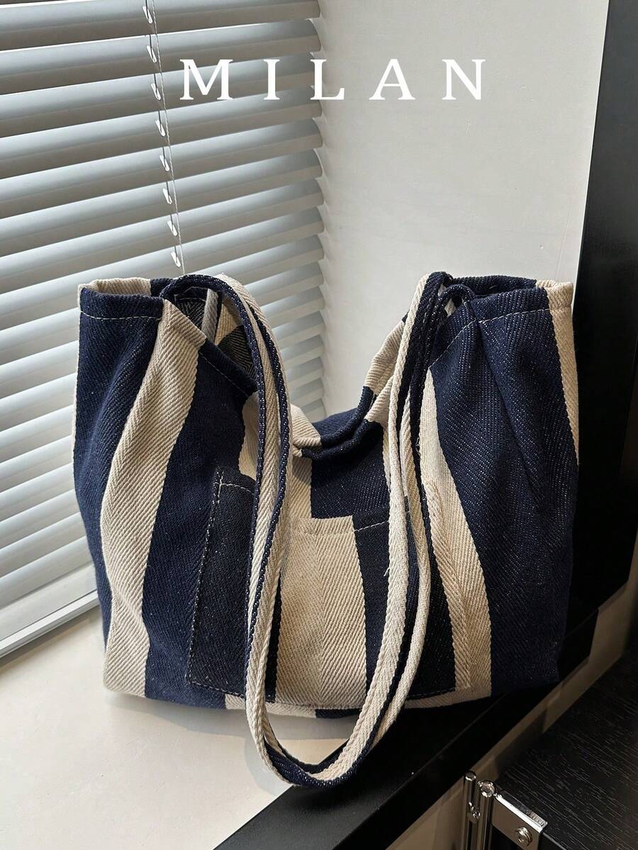 2026 New Retro Style Striped Canvas Bag, Large Capacity, Versatile Use, For Work, School And Outdoor Activities, Can Be Used As A Backpack - Coral Orange - View 1