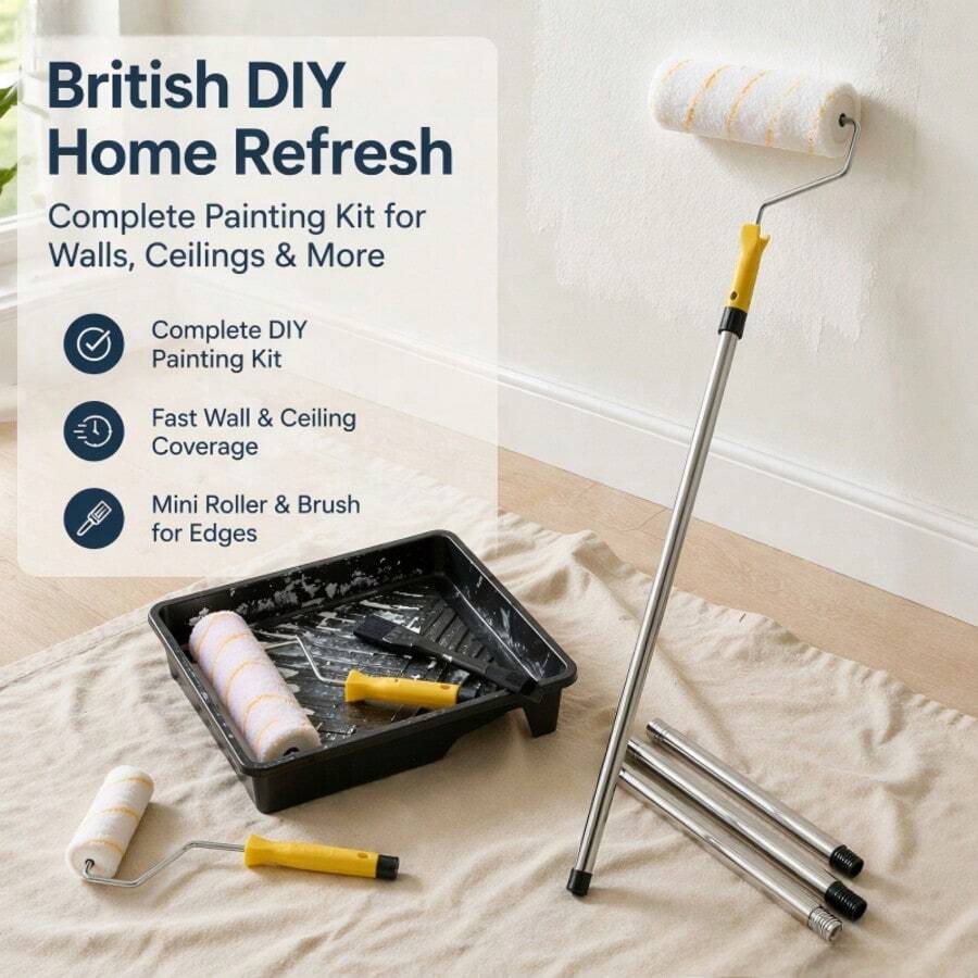 Paint Roller Set Paint Rollers With Extension Pole Tray Paint Brush Roller Sleeves For Painting Wall Ceiling - Yellow and White - View 1