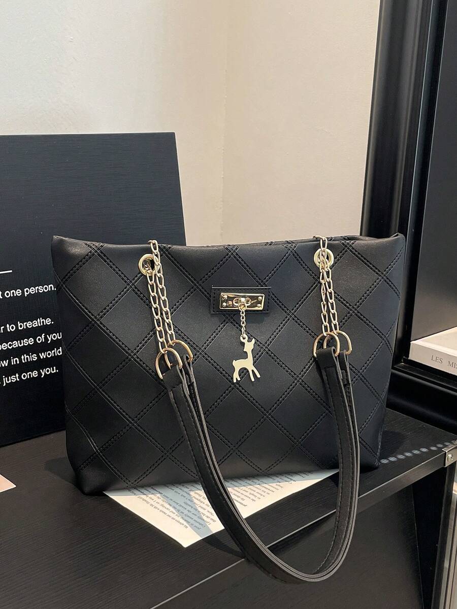Tas Tote Fashion Wanita Kapasitas Besar Terbaru 2026, Tas Bahu Rantai Vintage untuk Komuter dengan Motif Timbul - Hitam - View 1