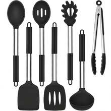 Set Peralatan Dapur Silikon, Set Alat Masak Spatula dan Sendok Sup, Aksesori Peralatan Masak Anti Lengket Tahan Panas, Set Peralatan Masak, Termasuk Spatula, Sendok Sup, Sendok Mie, Saringan, Penjepit Makanan, Aman untuk Mesin Pencuci Piring - MultiWarna - View 6