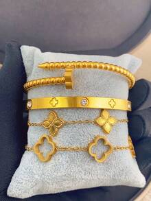 4件/1件 奢華不鏽鋼鑲鑽四葉草與星星手鍊套組，復古優雅女款飾品，適合日常佩戴、送禮、派對、時尚聖誕禮物 - 金色 - 查看 10