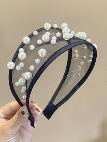 1pc Black Mesh Faux Pearl Wide Headband, Women's Elegant Tulle Hair Accessory For Wedding, Party And Daily Wear - Multicolor - View 7