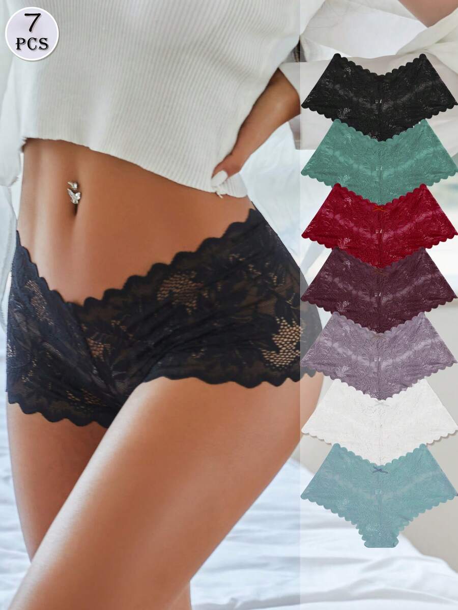 FINETOO 7 piezas/Paquete Bragas de encaje de unicolor para mujer