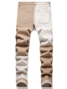 Jeans de mezclilla con bloques de color desgastados de moda para hombres - Caqui - Ver 2