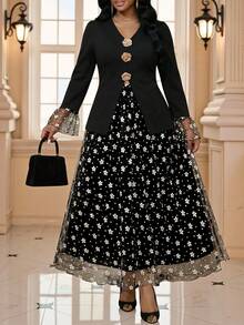 Fleurora Set da 2 pezzi taglie forti per donna, elegante abito da invitata a matrimonio con patchwork in rete floreale, abito da festa di matrimonio, outfit da carnevale, costume da carnevale, vacanza - nero - Visualizzare 6