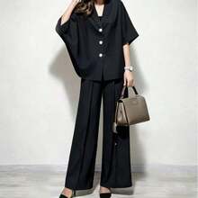 Women's Pantsuit, 2-Piece Set: Outerwear And Wide-Leg Pants, Top And Bottom Set, Shirt/Blouse, V-Neck, Short Sleeves, Back Ribbon, Back Slit, Summer Wear, Casual, Relaxed Fit, Figure-Flattering, Slimming Effect, Cute, Adult, Summer - 黑色 - 查看 2