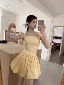 New Summer Collection: Women's Camisole Dress With Ribbon Straps, Shirred Waist, And Balloon Skirt - Yellow - Sweet Style, Perfect For Dates, Casual Wear, And Shopping - Yellow - View 2