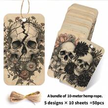 50pcs Halloween Skull Gift Tags With Hemp Rope, Dark Art Floral Skull Gift Labels, Suitable For Horror Theme Birthday Party, Gothic Style Gift Bag Labels, Sugar Skull Gift Packaging Decoration, Punk Rock Gothic Gift Packaging Decoration, Cool Birthday Party Supplies - A - View 3