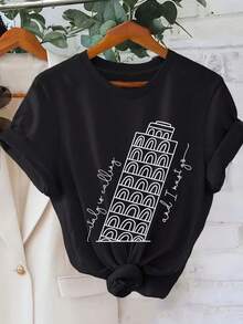 Women's T-Shirt With Italian Lettering - Titolo Di Stato Print, Loose Fit, Short Sleeve, Round Neck, Casual Italian Theme Blouse For Casual Outfits And Italian Events, The - 黑色 - 查看 1