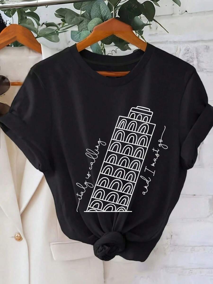 Women's T-Shirt With Italian Lettering - Titolo Di Stato Print, Loose Fit, Short Sleeve, Round Neck, Casual Italian Theme Blouse For Casual Outfits And Italian Events, The - 黑色 - 查看 1