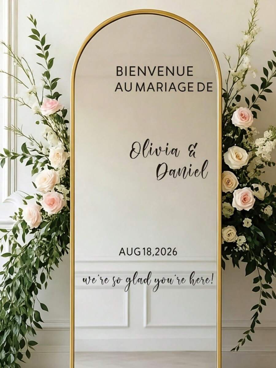 DIY French Wedding Welcome Stickers, Personalized Custom Name And Date, Removable Self-Adhesive Wedding Background Mirror Decals, Waterproof Indoor/Outdoor Romantic Wall Decor, Suitable For Wedding Party Ceremony - Multicolor 10 - View 1