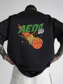Camiseta de hombre con hombros cortos, estilo baloncesto, estampada por ambos lados, corte holgado, disponible en tallas grandes. - Negro - Ver 3