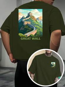 La ilustración del paisaje de la Gran Muralla está impresa en ambos lados, presenta un estilo tradicional chino, adecuada como recuerdo de viaje y una camiseta de manga corta de estilo - Blanco - Ver 8