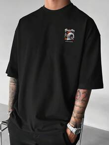 1 Pcs Casual Pure Cotton Oversized Auto Modify Turbo Graphic Short Sleeve Men's Tee Street Style Airport Daily Racing Top - 黑色 - 查看 2