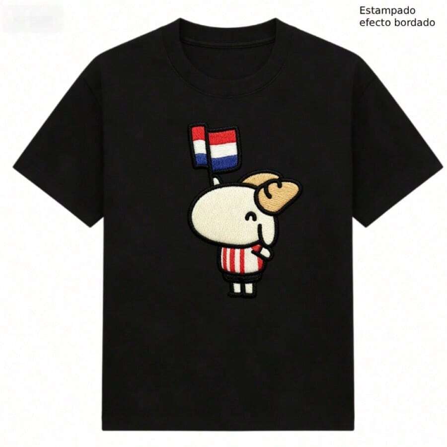 T-Shirt With Kawaii Goat, Embroidered Effect, Unisex, Black Color - Black - View 1