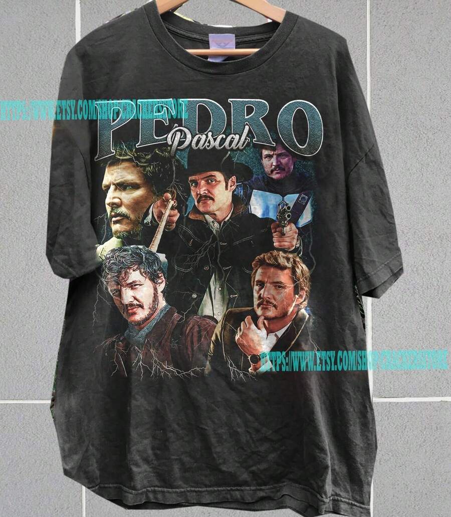 [Unisexo]Camiseta unisex estilo vintage desgastado de Pedro Pascal, actor de , retro, de algodón, ideal para uso diario. - Negro - Ver 1