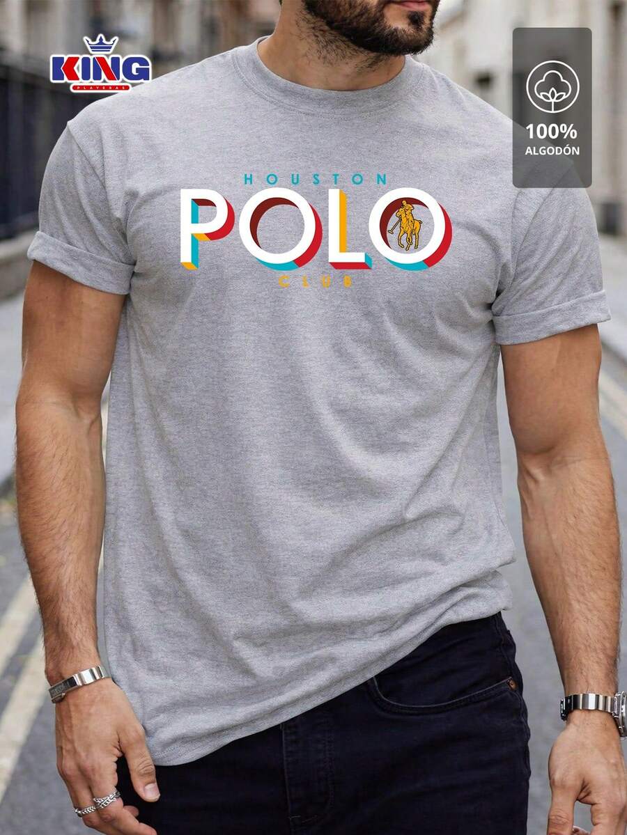 Original HPC POLO T-Shirt With Round Neck And Short Sleeves – Themed Graphic Design "HPC: Retro Typography Houston" – 100% Cotton - 淺灰色 - 查看 1