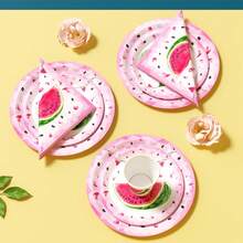 100/25/10pcs Pink Heart Melon Pattern Disposable Plates, Napkins, Cups, Disposable Party Supplies Set, Suitable For 25 Guests, Disposable Paper Plates Party Tableware Suitable For Birthday, Wedding, Theme Party, Family Picnic - Style 1 - View 5