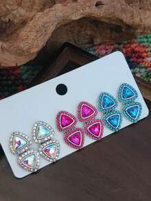 3 Pairs Western Cowboy Style Turquoise Geometric Asymmetrical Shape Turquoise Glass Gemstone Horseshoe Heart Triangle Square Multi- Earrings For Women - Three Pairs - View 14