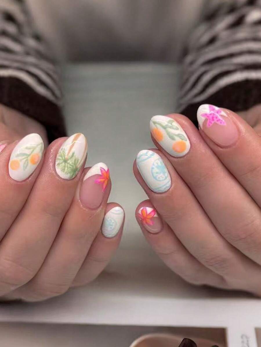 24pcs Round Press On Fake Nails Colorful Short Nail Flower And Coconut Tree Fake Nails Women Summer Coffin Nails - 彩色 - 查看 1
