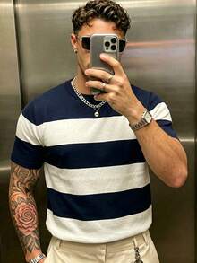 ALTZTAR Men's Round Neck Short Sleeve Solid Color Patchwork Casual Knit Top - Navy Blue - View 1