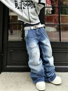 2026 New Vintage Light Blue Washed Distressed Relaxed Fit Wide Leg Jeans For Men - Light Wash - View 1