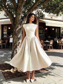 Women's Boat Neck Cap Sleeve Midi Dress, Corset Waist A-Line Flare Dress, Elegant Formal & Bridesmaid Dress - 杏色 - 查看 7