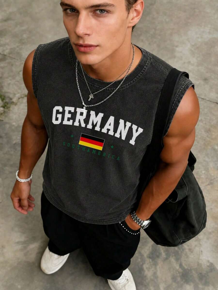YUNCHIC 男士夏季日常美式復古街頭風運動街頭穿搭壞男孩硬漢德國國旗 GERMANY 圖案世界盃圓領無袖背心居家工作戶外城市休閒版型街頭休閒青年 - 黑色 - 查看 1