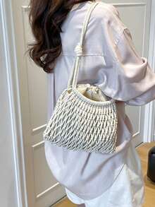 2026 Woven Net Bag Shoulder Bag Colorful Stone Beads Embellished Lattice Vacation Handbag Design Drawstring Inner Pocket Women's Bag - White - View 3