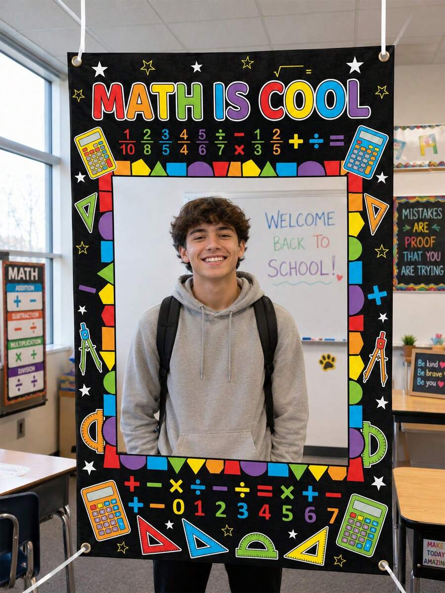 Marco de fotos de poliéster con patrón de calculadora y regla de arcoíris, tela de fondo rectangular para fotografía con geometría educativa, con almohadillas de metal, adecuado para clases de matemáticas, fiestas de bienvenida al regreso a la escuela, fiestas de cumpleaños, decoraciones de fiesta. - Temporada de regreso a clases - Ver 1