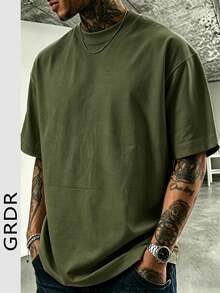 GRDR 男士时尚简约纯色圆领短袖T恤，适合日常休闲穿着 - 軍綠色 - 查看 3