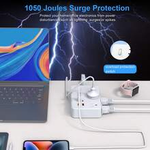 Pelindung Lonjakan Arus USB C, Stopkontak Ekstensi Dinding 6-Outlet dengan 4 Port Pengisian USB, Desain Steker Pipih Dua Sisi, Kabel Ekstensi Kepang, Cocok untuk Meja Kerja di Rumah atau Kantor - Putih - View 7