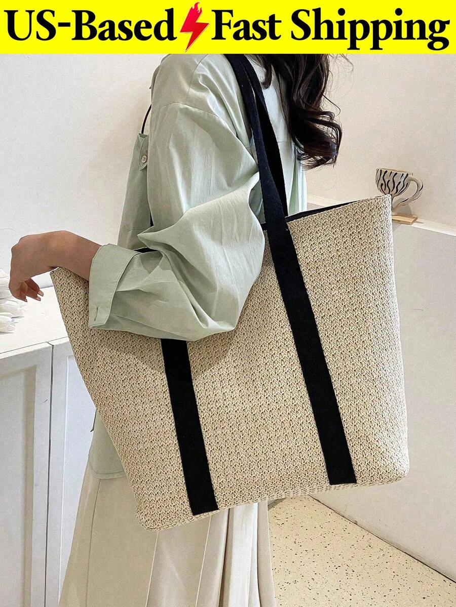 Summer Vacation Large Capacity Straw Tote Bag Women's Casual Seaside Beach Bag Woven Shoulder Handbag Double Handle White Purse For Travel Outing - 彩色 - 查看 1