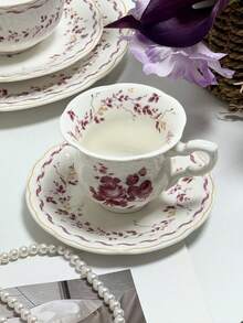 1pc French Vintage Style Embossed Cup And Saucer, Romantic Pink Floral Ceramic Cup And Saucer Afternoon Tea Dessert Plate Latte Cup, Wedding Favor, Back To School Gift - Multicolor - View 1