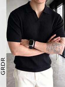 GRDR Men's Casual Solid Color Short Sleeve Knit Top, Spring/Summer - Black and White - View 7