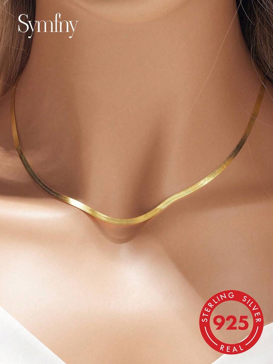 SYMFNY 1pc 925 Sterling Silver Minimalist 3mm Flat Snake Chain Necklace, Jewelry Gift Suitable For Men And Women For Daily Wear - Yellow Gold - View 1