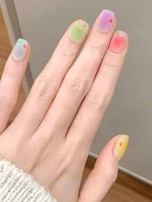 30pcs Rainbow Candy Island Colorful Gradient Macaron Soft Cute Short Square Removable Press-On Nails, Includes 1pc Jelly Glue And 1pc Nail File - 彩色 - 查看 1