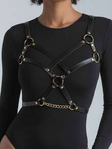 1pc Women's Punk Style Black Sexy Hollow Out Bustier Cross Strap PU Leather Harness Bondage Top, Suitable For Nightclub, Rave Night Or Theme Party Atmosphere Outfit - Black - View 2