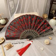 Sequined Embroidered Folding Hand Fan With Tassel, Spanish Style Dance Fan For Party Wedding Cosplay Decor - Black-shafted Sequined Folding Fan - View 6