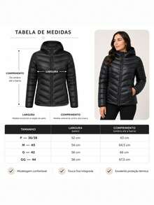 Jaqueta Puffer Feminina Casual Inverno Grossa Confortável Com Touca Integrada - Preto - Visão 10