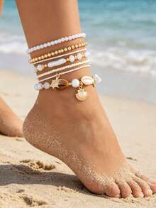 Juego de 7 piezas/Set de tobilleras con capas de conchas, perlas y cuentas de estrella de mar, diseño apilable de estilo bohemio, adecuado para mujeres, uso casual en vacaciones de playa, patrón casual de conchas, excelente regalo - Multicolor - Ver 1