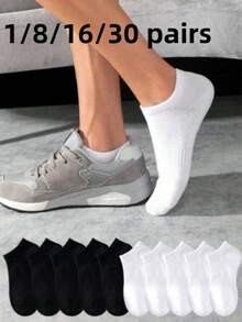 1/8/16/30 pares de calcetines de tobillo de unicolor para hombre, transpirables y absorbentes de humedad, calcetines cortos de corte bajo, calcetines básicos casuales deportivos diarios, disponibles en negro blanco y múltiples tallas - Multicolor - Ver 1