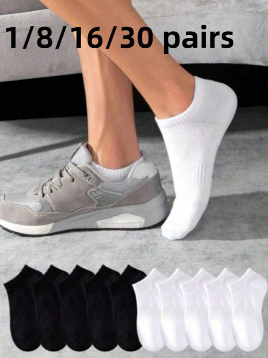1/8/16/30 pares de calcetines de tobillo de unicolor para hombre, transpirables y absorbentes de humedad, calcetines cortos de corte bajo, calcetines básicos casuales deportivos diarios, disponibles en negro blanco y múltiples tallas - Multicolor - Ver 1