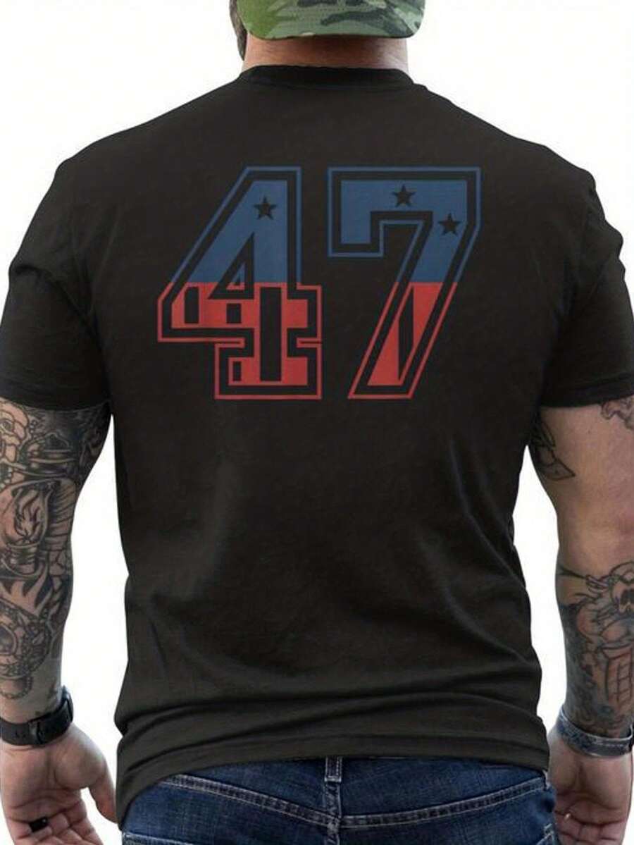 Camiseta de Hombre Número 47 con Estampado en la Espalda - 180GSM Algodón Puro, Mangas Cortas Casuales, Diseño Número 47 con Estampado en la Espalda, Cuello Redondo para Uso Casual, Lavable a Máquina, Tela Cómoda y Transpirable para Todas las Temporadas, Adecuada para Gimnasio y Atuendos Casuales. - Negro - Ver 1
