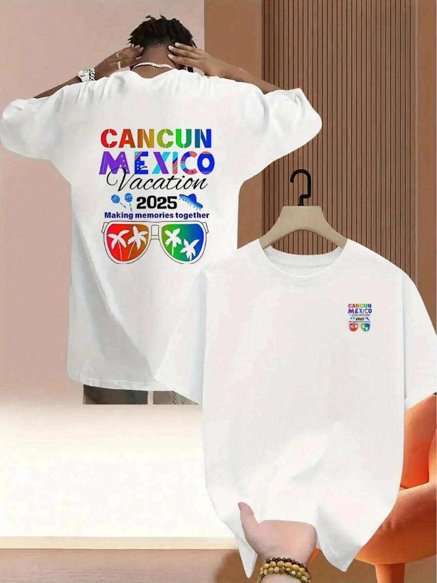 Camiseta de hombre con diseño de doble cara a la moda - Con un diseño inspirado en Vacaciones 2025 en Cancún,éxico, con motivos de playa y viajes, cuello redondo informal, lavable aáqu - Blanco - Ver 1
